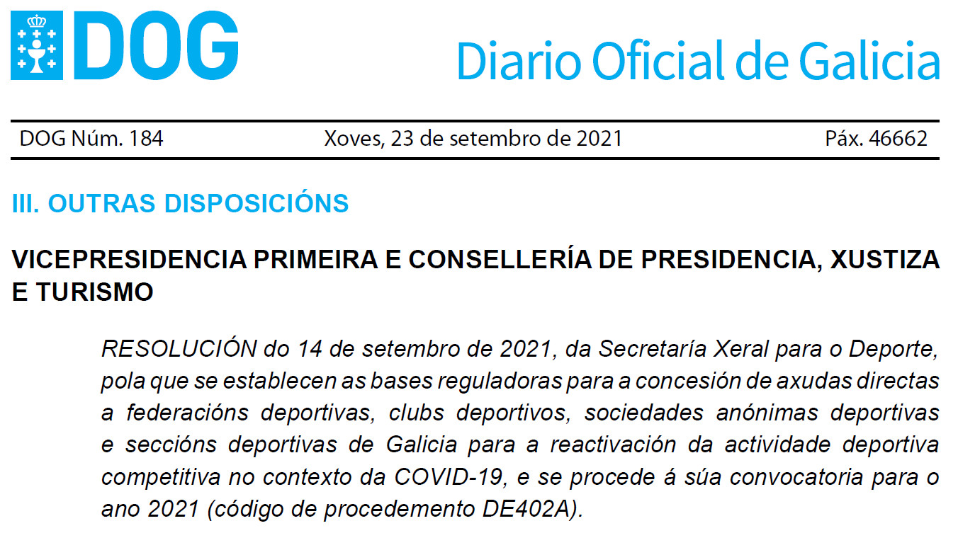 Axudas para a reactivación da actividade deportiva competitiva