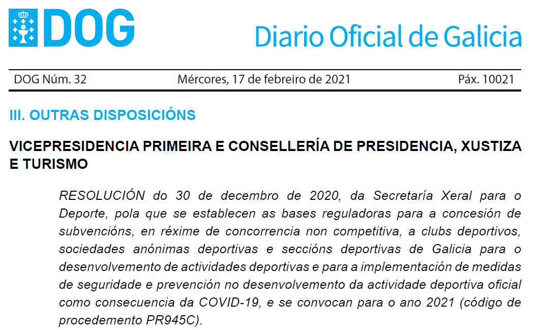 Publicadas as axudas para o desenvolvemento de actividades deportivas