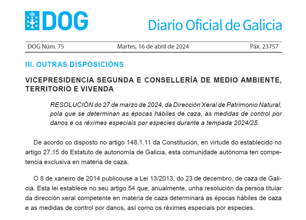 Publicada a resolución que regula as épocas hábiles de caza 2024-2025