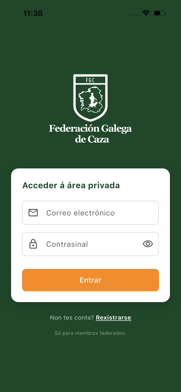 Pantalla de acceso á área privada da app FGCaza