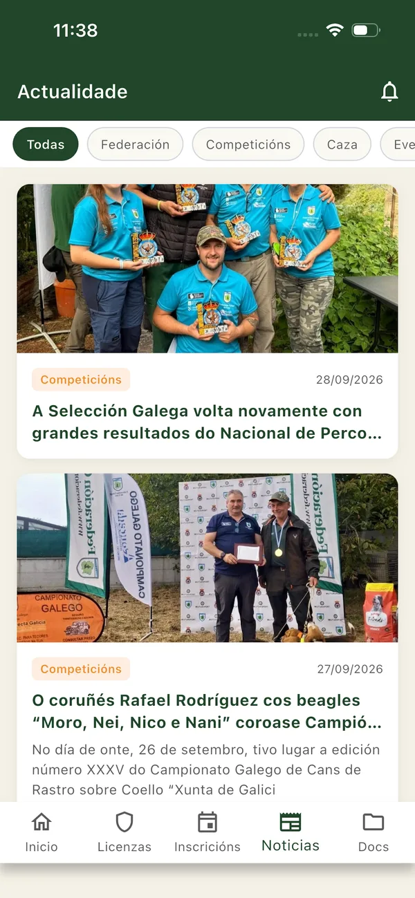 Sección de actualidade con novas da Federación filtradas por categoría