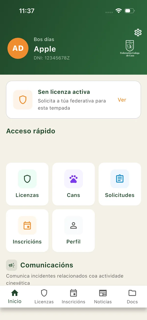 Pantalla de inicio da app FGCaza